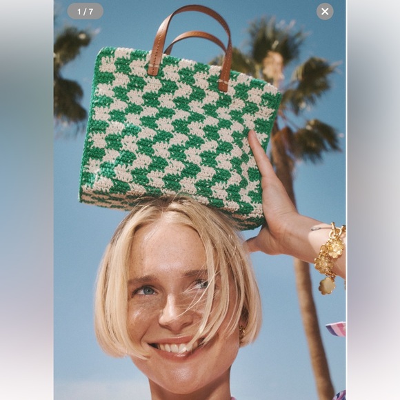 Clare V Handbags - CLARE V Petit Summer Simple Tote Sea Green & Cream Crochet Checker / NEW W/ TAGS